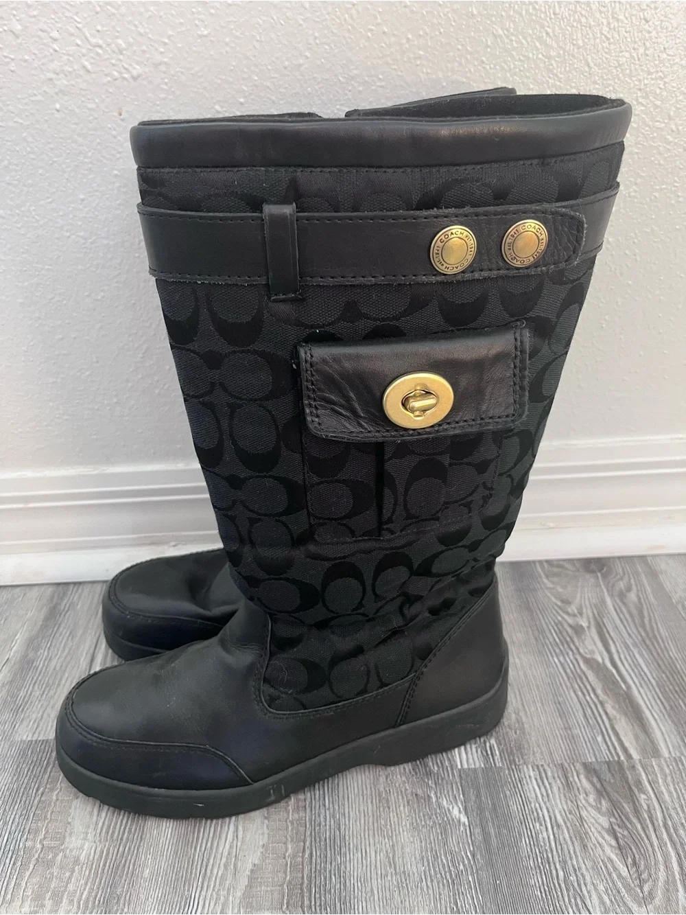 Coach Black Signature Canvas Mid-Calf Boots with Gold Hardware